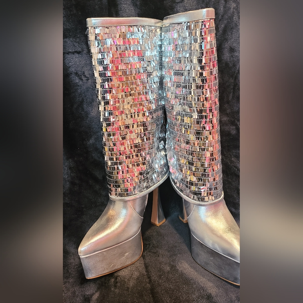 Silver Sequin Platform Mule Boots - Women's High Heel - Picture 6 of 15
